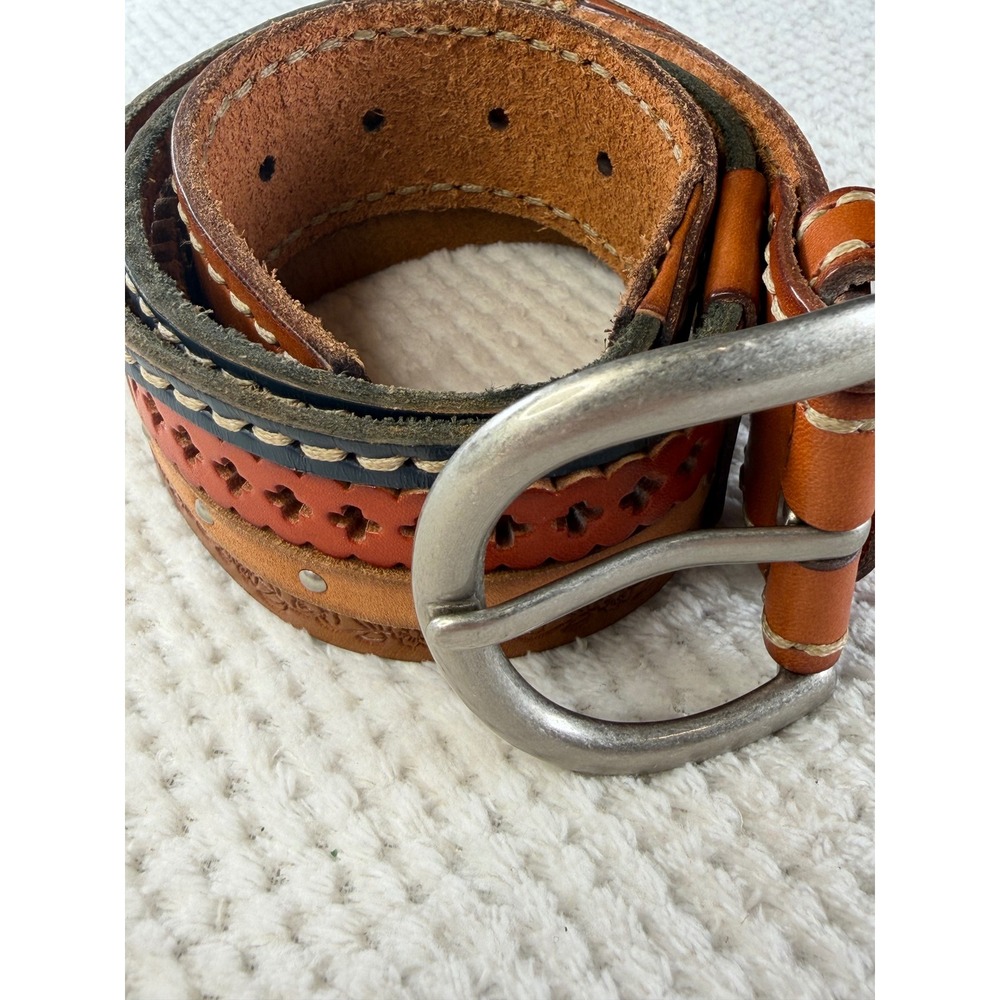 Fossil Vintage Brown Leather Multi Layer Studded Boho Floral Belt BT3562998 S